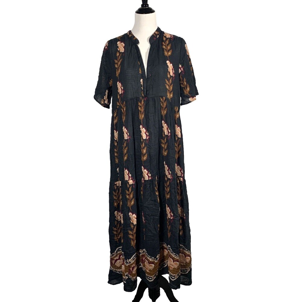 Anthropologie Kallie Flowy Maxi Dress Black Brown Floral Cotton Gauze Size L